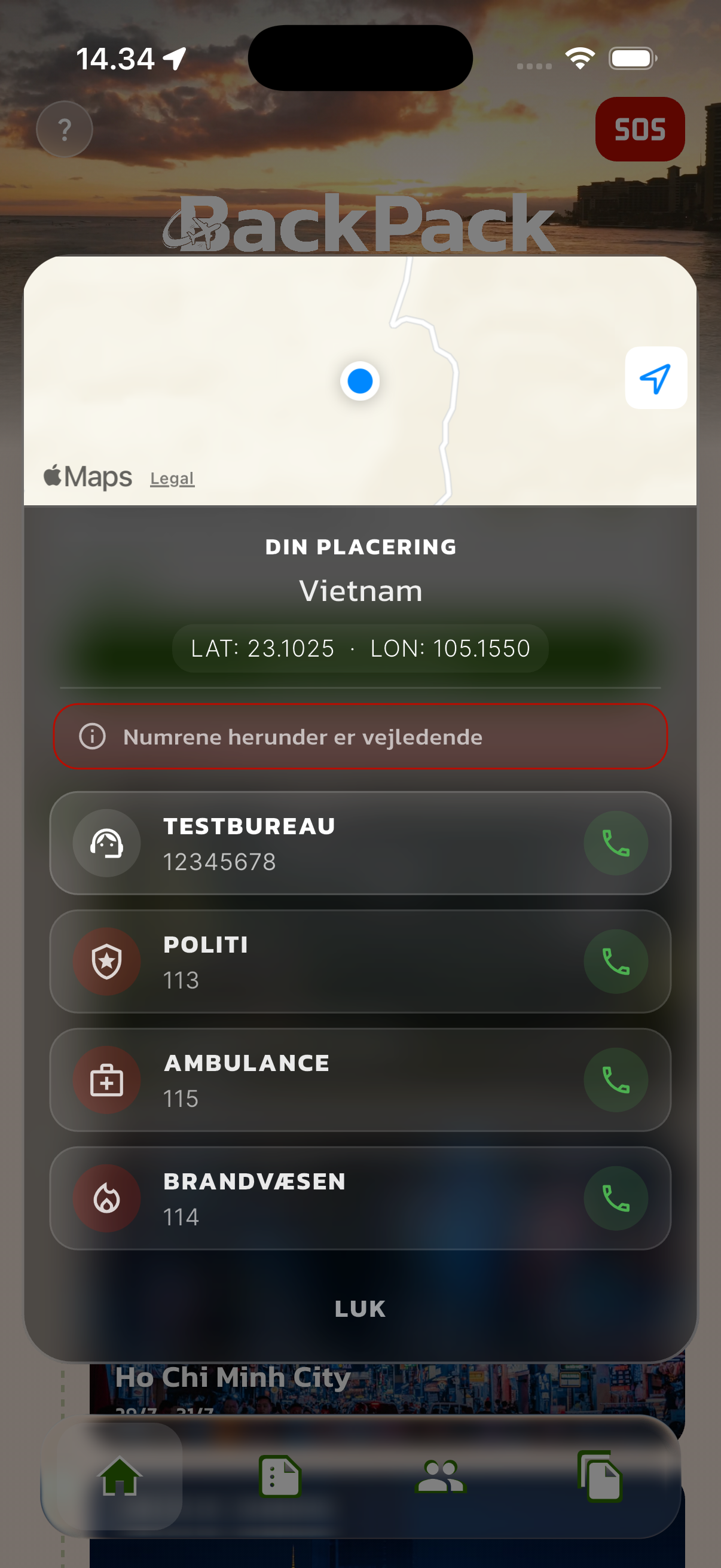 BackPack appens nødinformation med lokation og nødkontakter