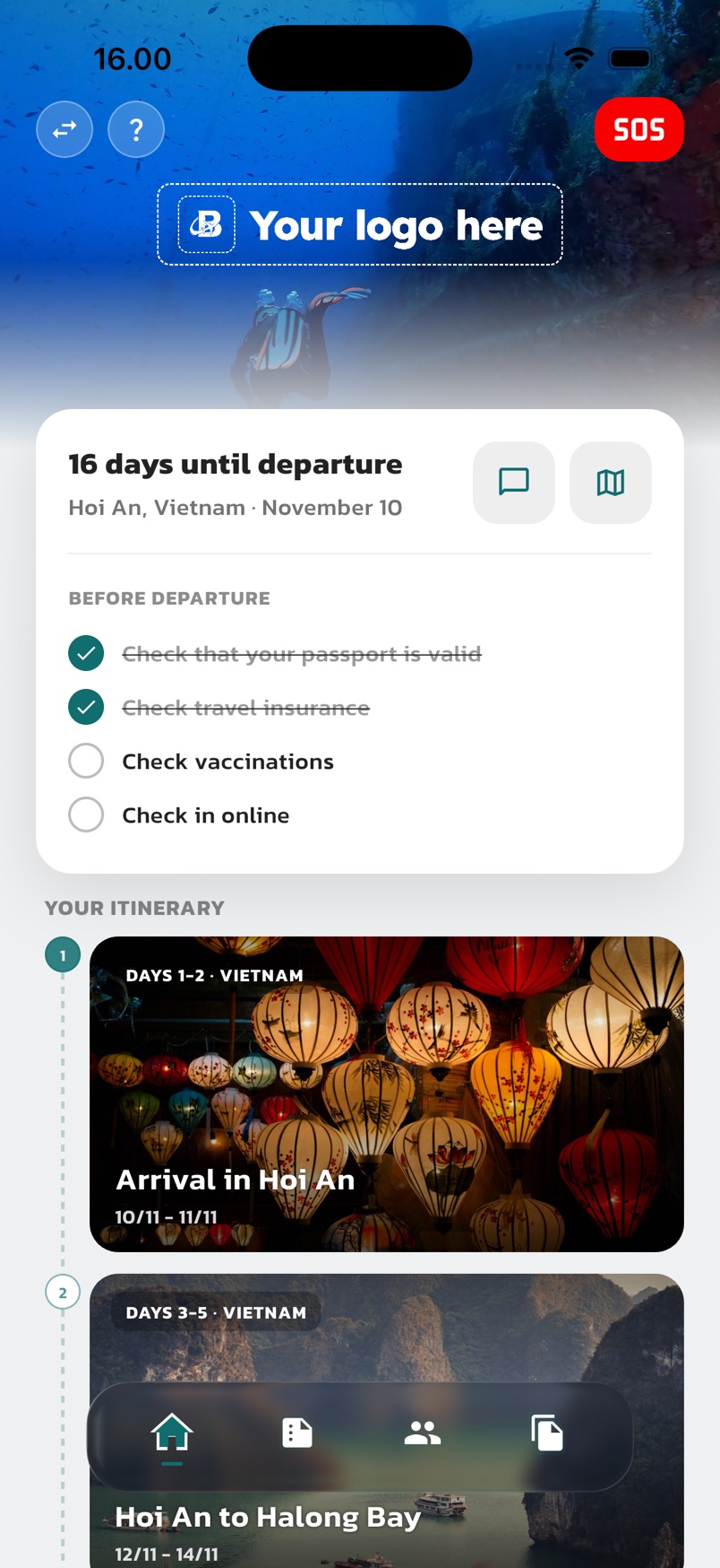 The BackPack app home screen with countdown, checklist, itinerary and SOS button